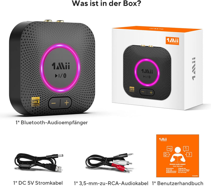 1Mii B06S+ Bluetooth 5.2 Empfänger, HiFi Audio Adapter mit LDAC, Lautstärkeregelung, aptX HD & Low L