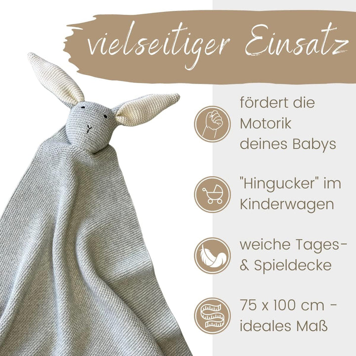 DIKOS® Original Babydecke SCHMUSE-HASE grau | 100% Bio-Baumwolle Neugeborenen Decke | Kuscheldecke S