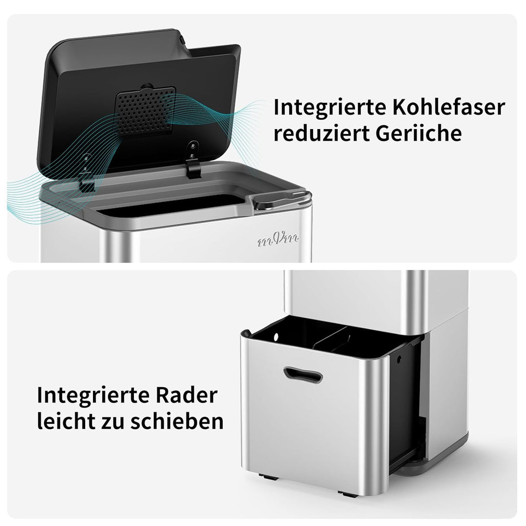 mVm Mülleimer Küche,63 Liter Treteimer,3 Fächer, Mülltrennsystem, Abfalleimer Küche mit Inneneimer a