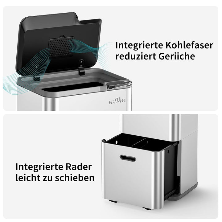 mVm Mülleimer Küche,63 Liter Treteimer,3 Fächer, Mülltrennsystem, Abfalleimer Küche mit Inneneimer a