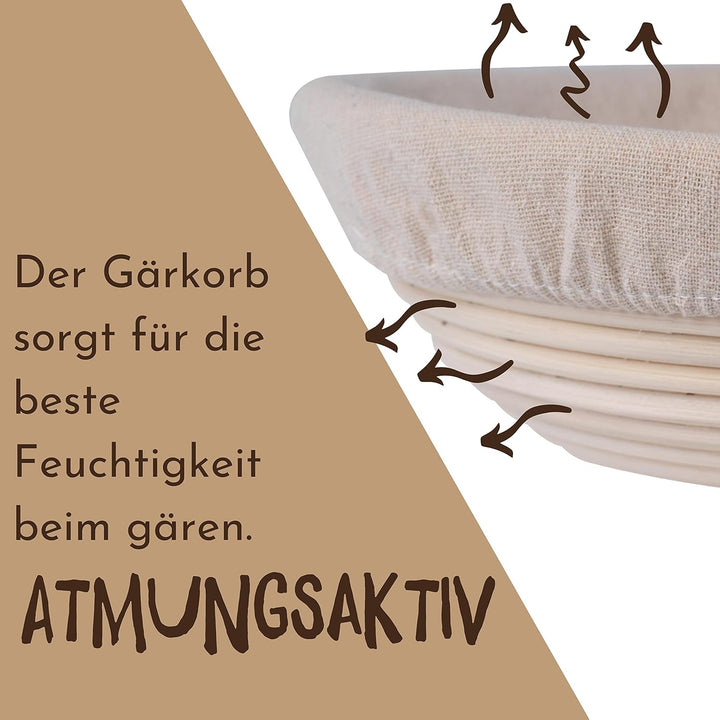 riijk Gärkorb 2er Set + Teigschaber, 2 Gärkörbe für Brot und Brotteig - Peddigrohr (rund, 22 und 25