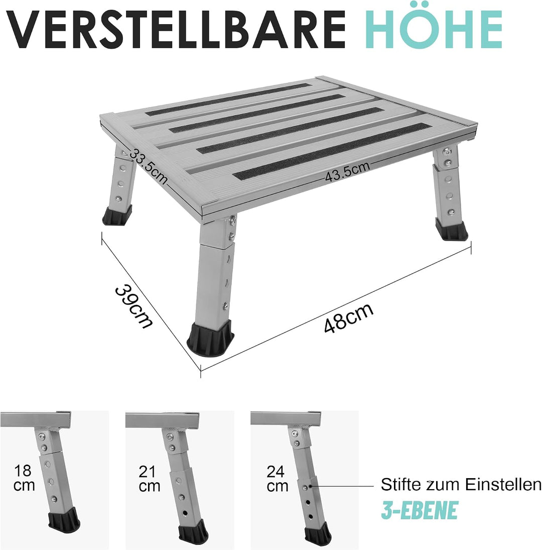 Aluminium Klapptritt, Klappbar, Höhenverstellbar, rutschfest, Leicht Grau, Grau