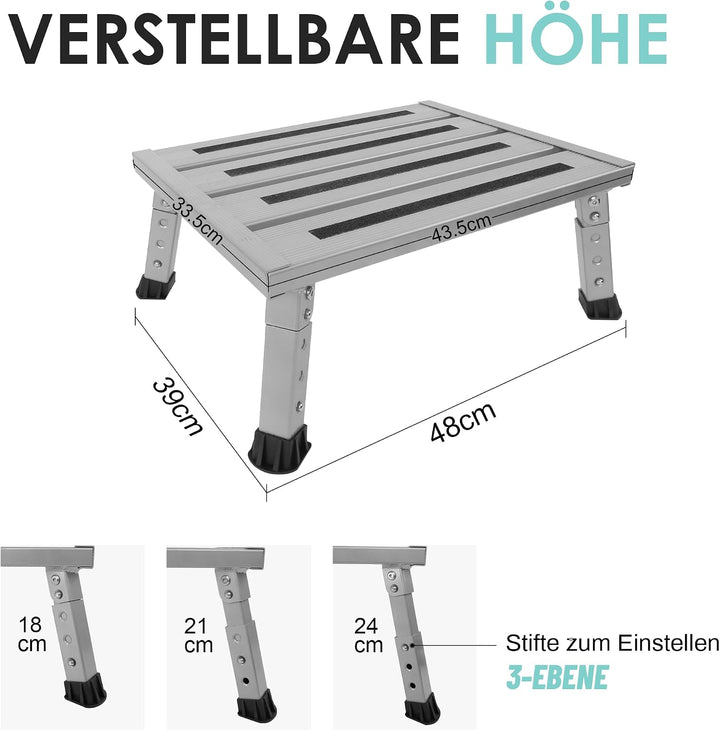Aluminium Klapptritt, Klappbar, Höhenverstellbar, rutschfest, Leicht Grau, Grau