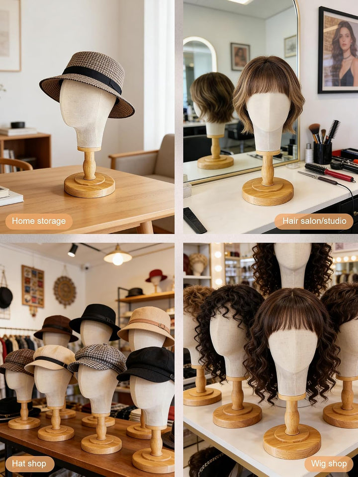 Perückenkopf-Ständer, 53,3 cm, Mannequin-Kopf, Kuppel, Leinwand + abnehmbarer Holzständer, Hutkappen
