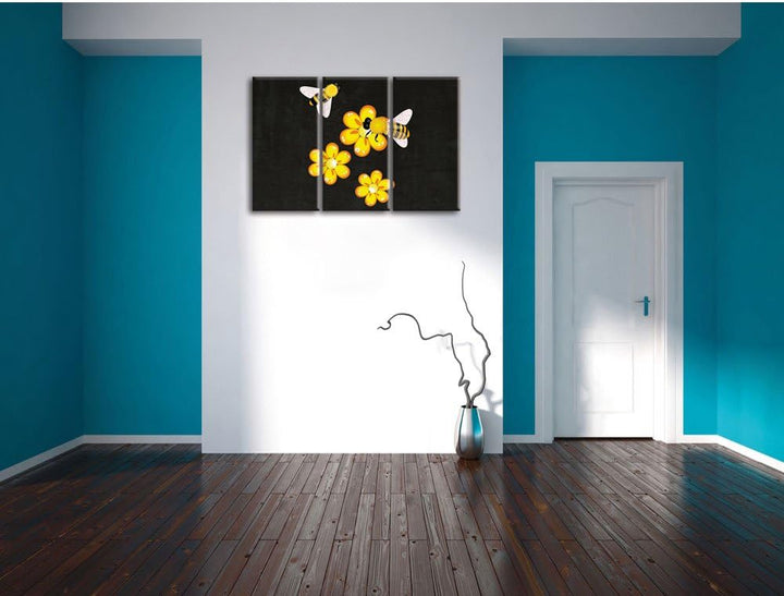 Pixxprint hübsche Bienen mit Blumen als Leinwandbild/Grösse: 3 Teilig (120x80) cm/Wandbild/Kunstdruc