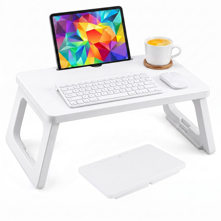 KOMFOTTEU Laptoptisch mit klappbaren Beinen &amp; Tablet-Schlitz, Weiss