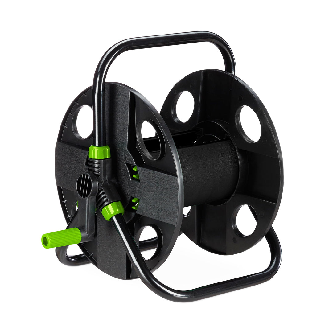 Relaxdays Schlauchtrommel, für 30 m 1/2" Schlauch, Stahl, Kunststoff, Schlauchhalter, HBT: 38 x 42 x