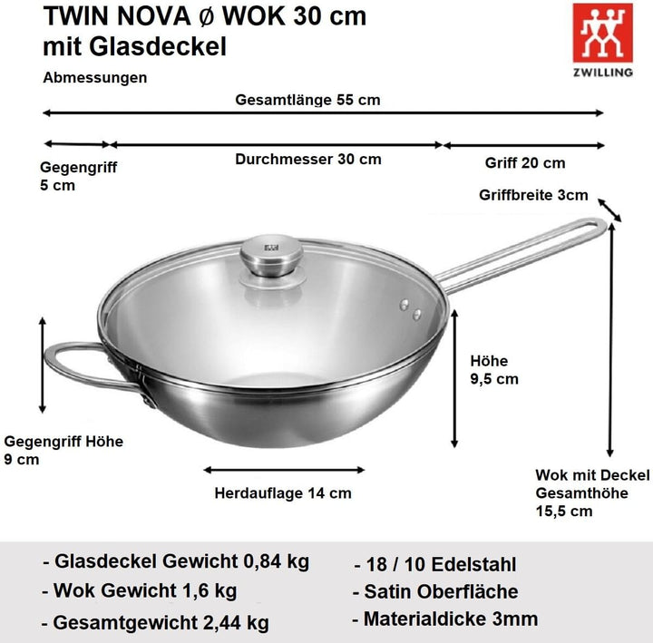 Zwilling TwinNova 3 Wok pfanne Induktion 30 cm mit Glasdeckel, 2 tlg, Asiatische Wokpfanne Unbeschic
