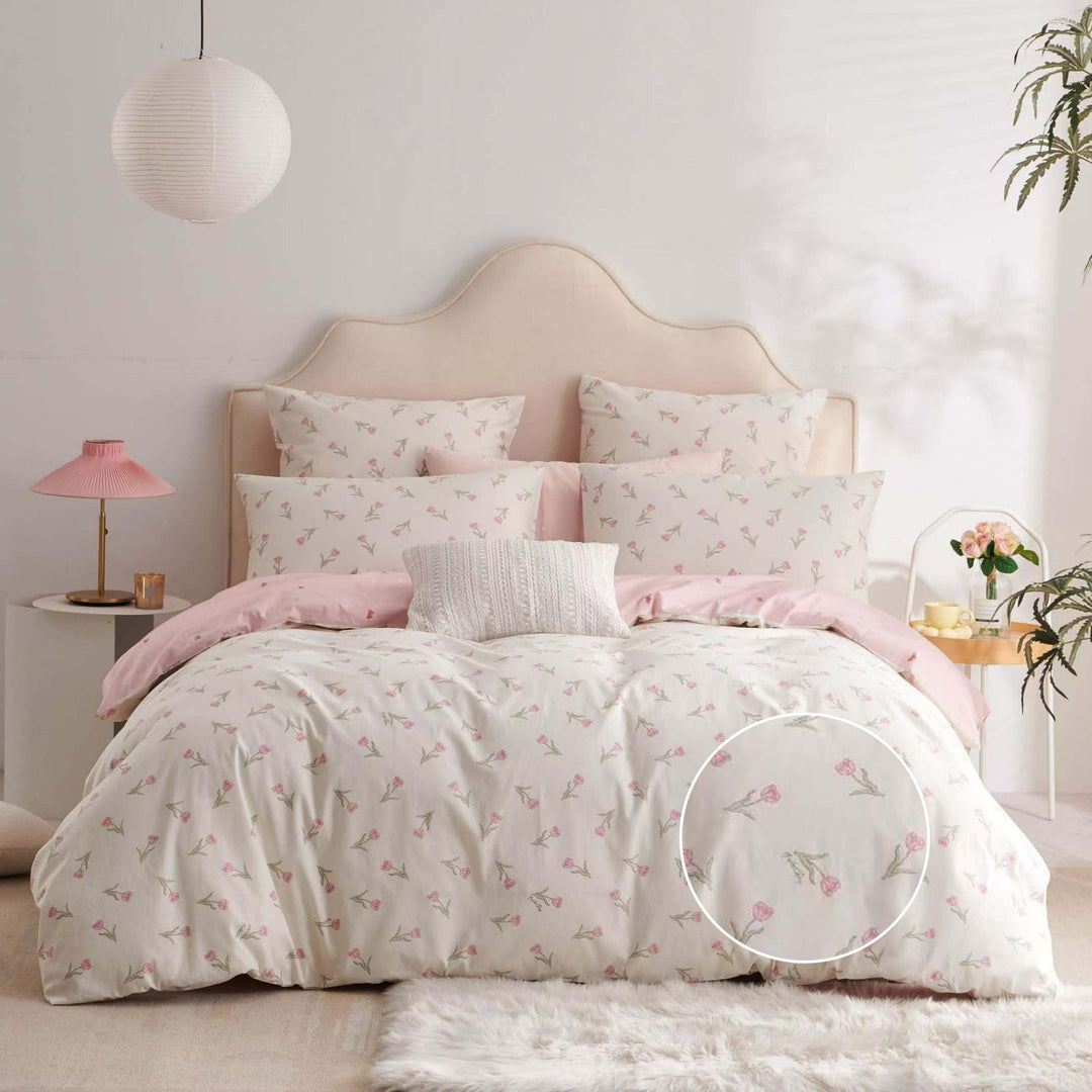 Freyamy Blumen Bettwäsche 155x220cm 2teilig Baumwolle Weiss Rosa Grün Floral Blätter Pflanzen Bettwä