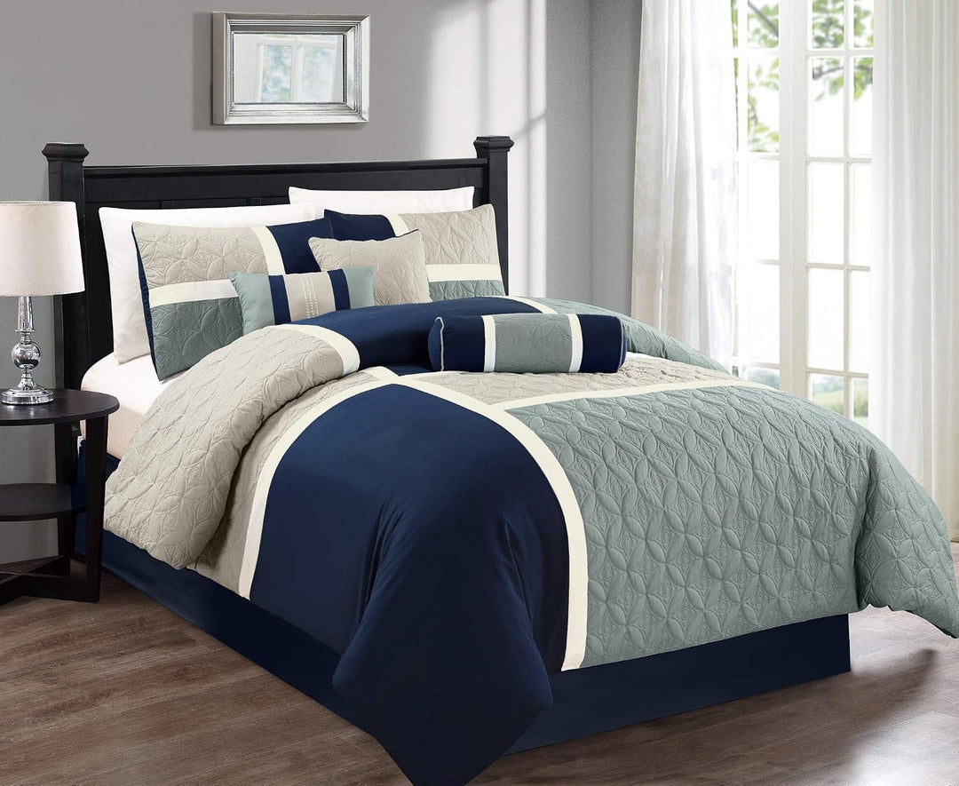 Chezmoi Collection Upland Steppdecken-Set, 7-teilig, Marineblau/Blau/Grau Full Marineblau/Blau/Grau,