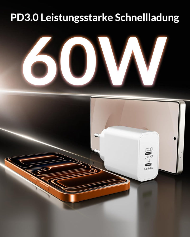 60W 2-Port USB C Ladegerät mit Ladekabel für iPhone 17 Pro Max 17 Air, iPhone 16 15 Pro Max Plus 16e