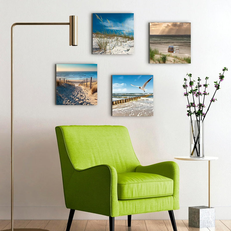 ARTLAND Leinwandbilder auf Holz Wandbild Bild Set 4 teilig je 30x30 cm Quadratisch Landschaft Strand