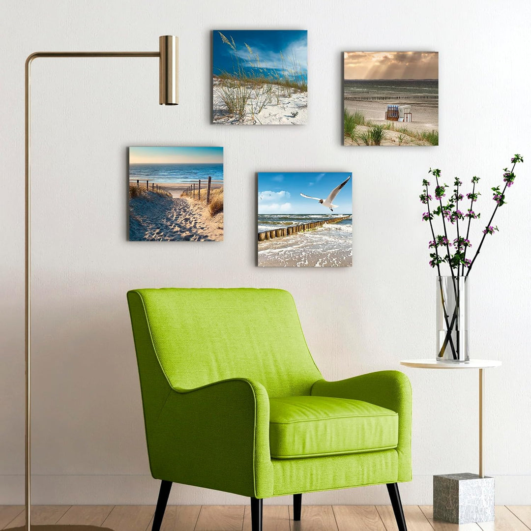 ARTLAND Leinwandbilder auf Holz Wandbild Bild Set 4 teilig je 30x30 cm Quadratisch Landschaft Strand