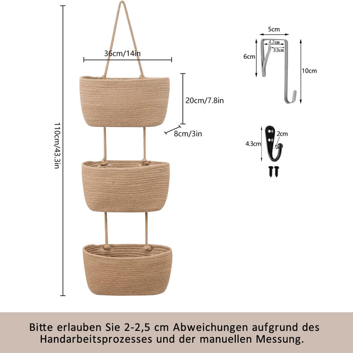 Royiwe Hängeorganizer Organizer Wand, Premium Leinen mit 3 stufiger Hängekorb aus Baumwollseil geweb