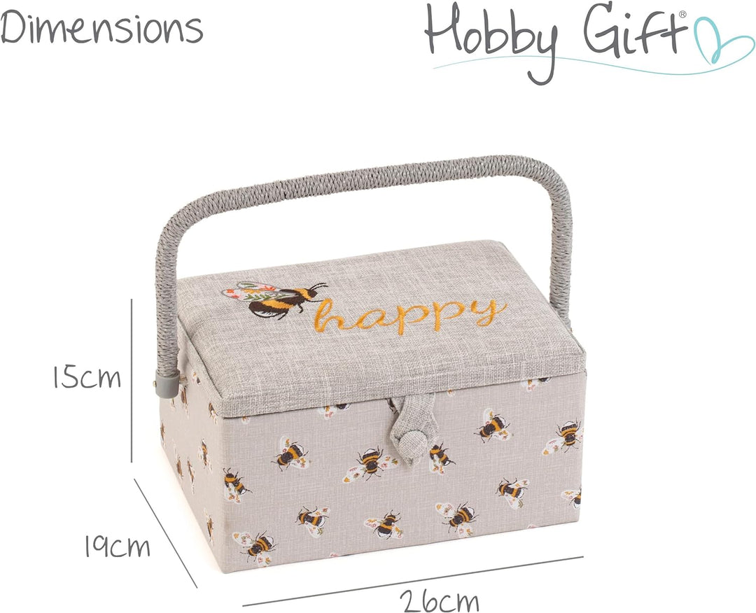 Hobby Gift Medium Näh-Aufbewahrungsbox, Holz/Stoff, Gestickte glückliche Biene, Gestickte Glückliche