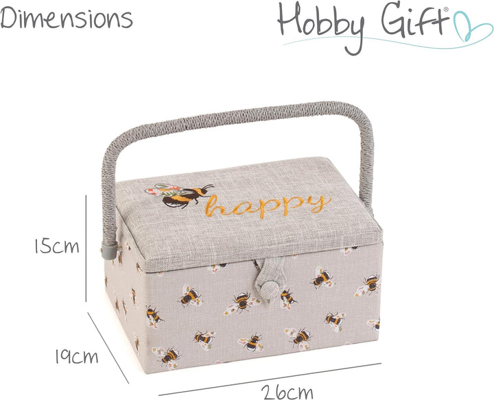 Hobby Gift Medium Näh-Aufbewahrungsbox, Holz/Stoff, Gestickte glückliche Biene, Gestickte Glückliche