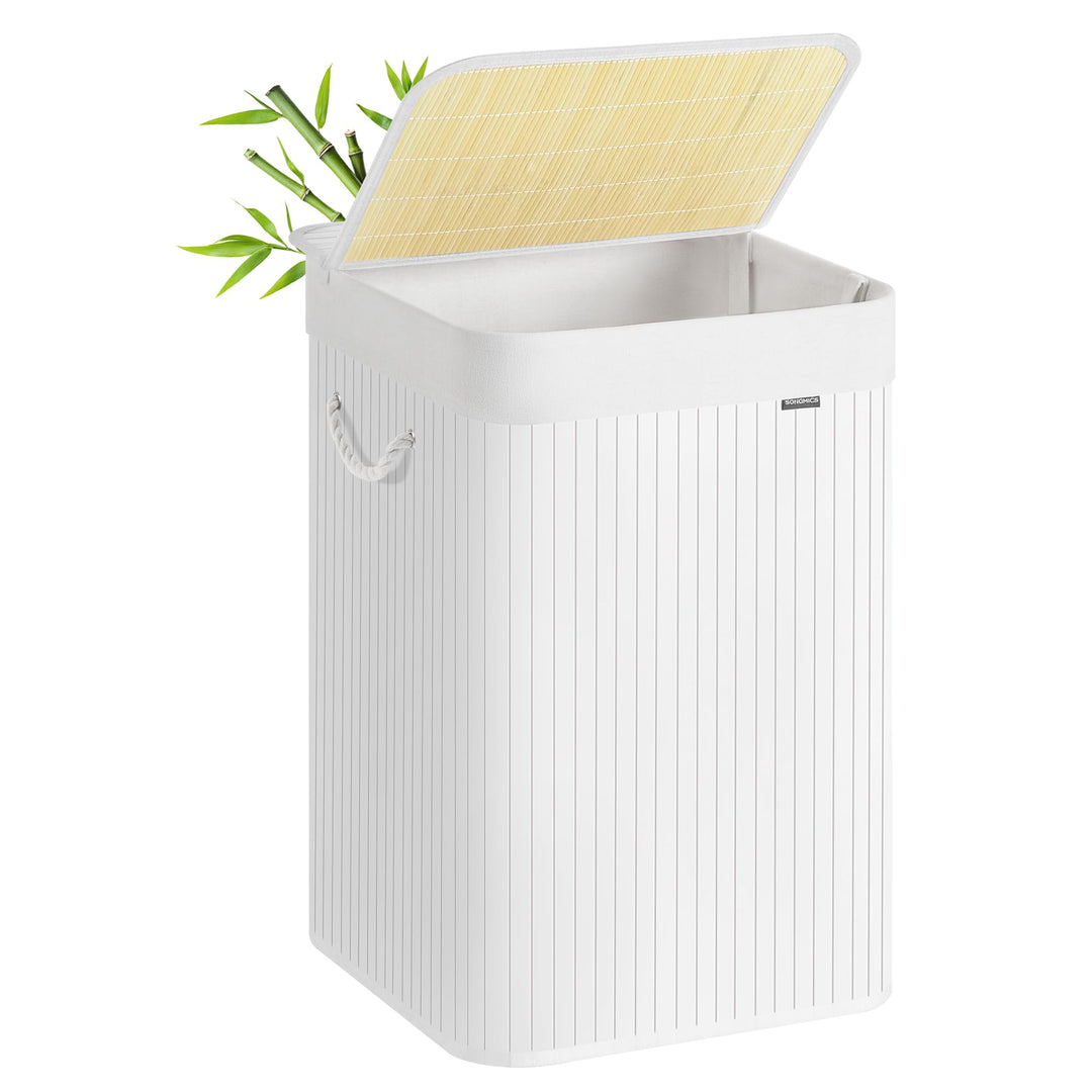 SONGMICS Wäschekorb, 95 L Wäschesammler mit Deckel, Wäschebox Bambus, mit Griffen, faltbar, Wäschesa