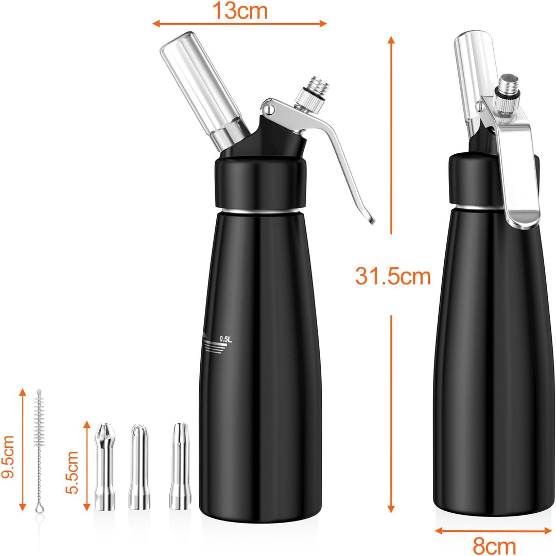 Newaner 500ml sahnespender, Sahnesyphon Aluminium mit 3 Edelstahl Deko-Düsen und 1 Reinigungbürste,