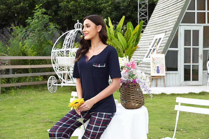 Bresdk Schlafanzug Damen Lang Kariert Kurzarm Pyjama Set Baumwolle Nachtwäsche S Blau M964, S Blau M
