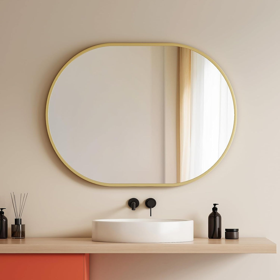 EMKE Badspiegel Oval Goldener 60 x 80 cm, HD Dekorativer Wandspiegel Oval + Goldener Rahmen 80L x 60