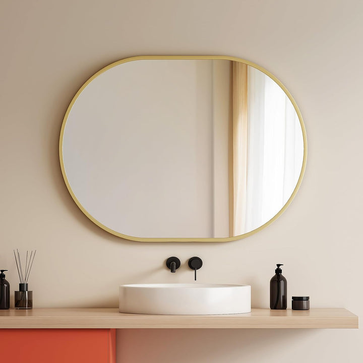 EMKE Badspiegel Oval Goldener 60 x 80 cm, HD Dekorativer Wandspiegel Oval + Goldener Rahmen 80L x 60
