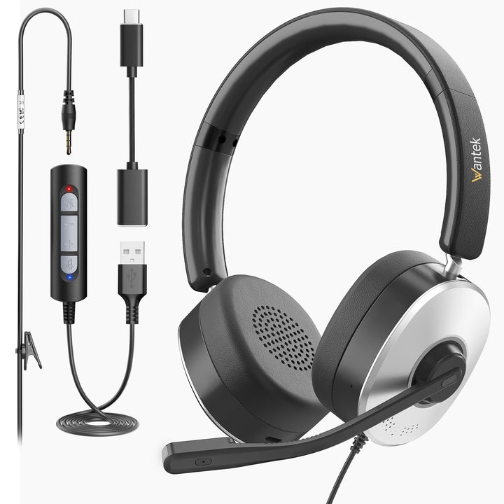 Wantek USB Headset mit Mikrofon für PC Laptop, Typ C-USB-3,5mm Jack, 3-in-1-Kopfhörer mit Geräuschun