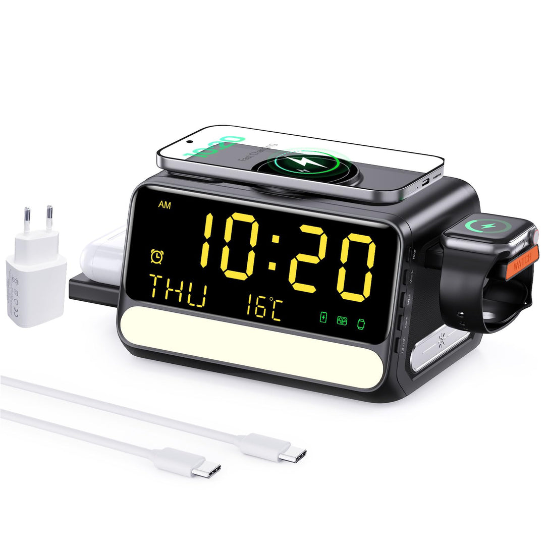 7-in-1 kabellose Ladestation mit Wecker, sprachgesteuertem Nachtlicht, Temperatur &amp; Datum, inklusive