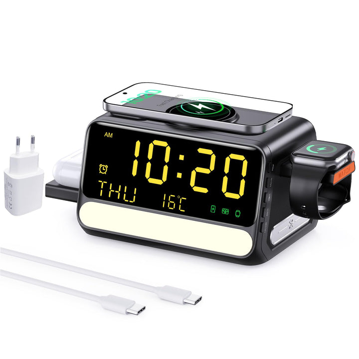 7-in-1 kabellose Ladestation mit Wecker, sprachgesteuertem Nachtlicht, Temperatur &amp; Datum, inklusive