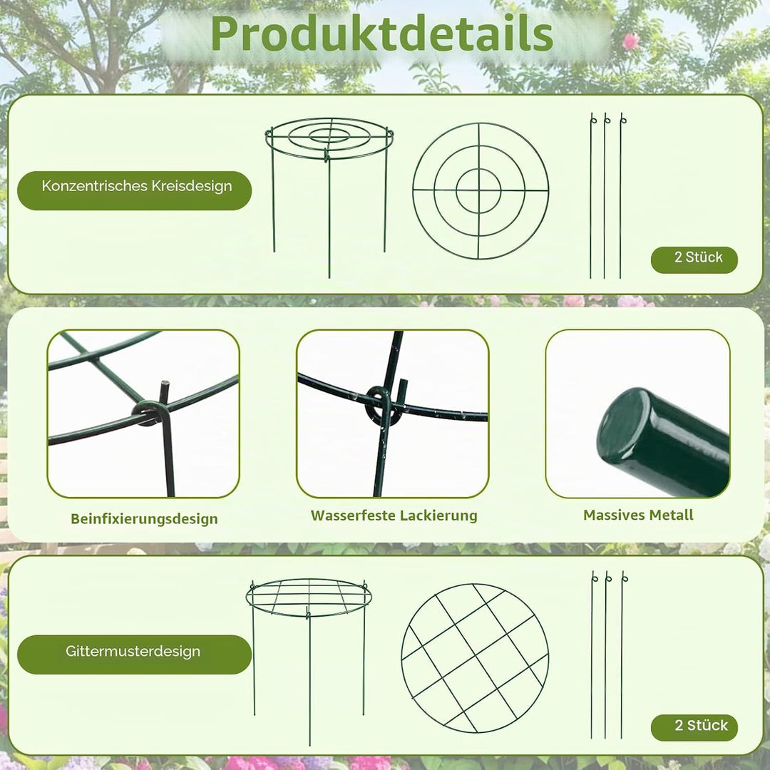 4 Stück Pflanzenstützen Rund, Grüne Metallstützen für Garten mit 3 Beinen, Metall Gartenstützen für
