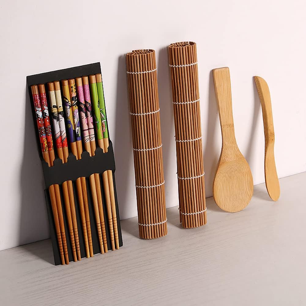 9 STK Sushi Set:2 Bambus Sushi Matte & 5 Paar Sushi Stäbchen & 1 Reislöffel & 1 Sushi Messer,DIY Sus