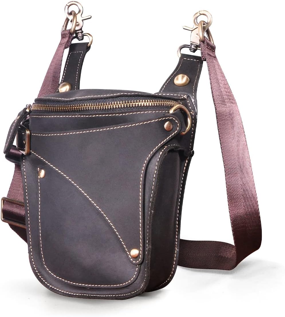 Le'aokuu Herren Leder Motorrad Hüfttasche Messenger Schulter Drop Leg Bag 9326 Dunkelschwarz, 9326 D