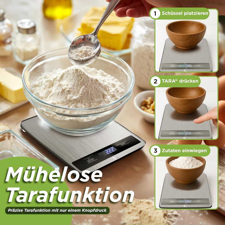 LUNARIA Digitale Küchenwaage 15 kg [PREMIUM] – hochpräzise Lebensmittelwaage aus Edelstahl/Kunststof