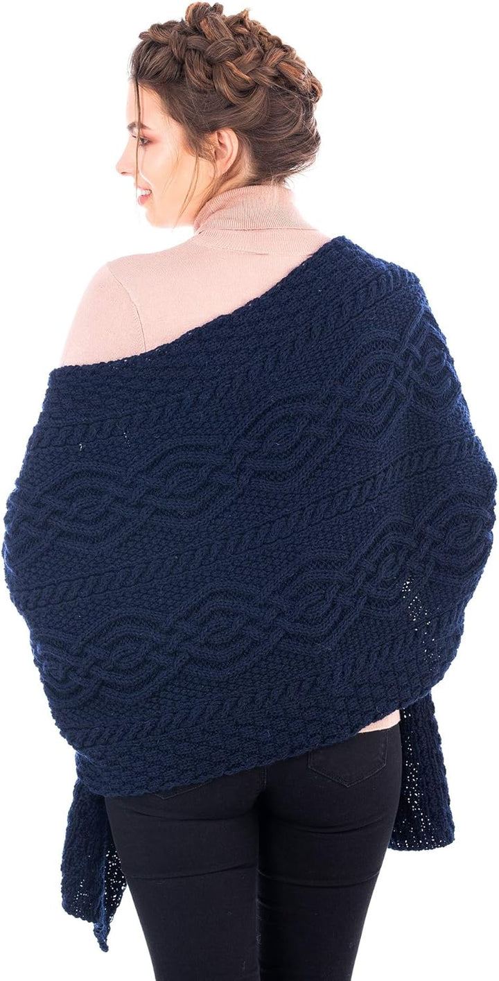 SAOL 100% Merinowolle Klassische Warme Irische Aran Cable Wickeln Schal für Damen Marine, Marine