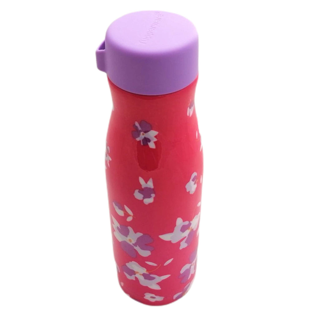Tupperware Thermosflasche Fashion Flask 410ml aus Metall Pink mit Blumen To go Flasche Isolierbehält