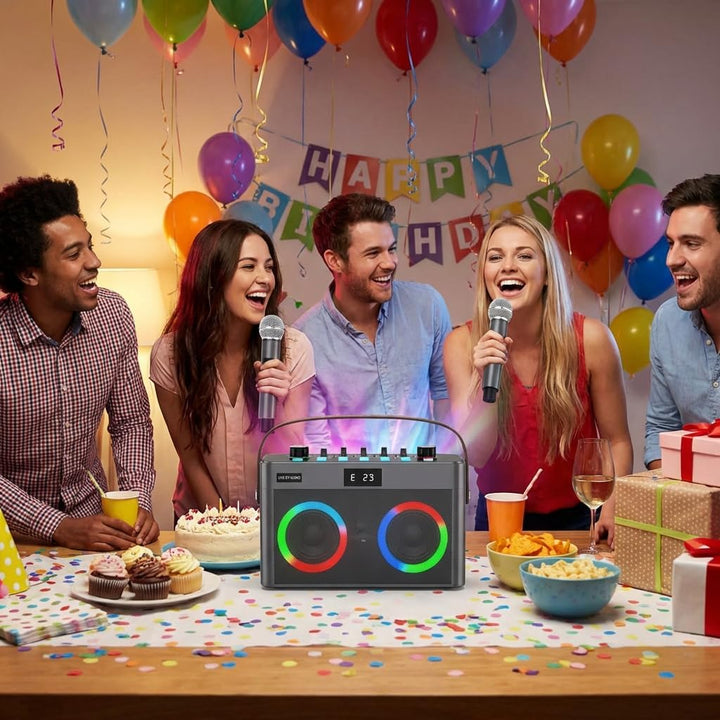 MT-VIKI Audio Mixer Bluetooth Karaoke Maschine Lautsprecher mit 2 drahtlosen Mikrofonen + Handschlau