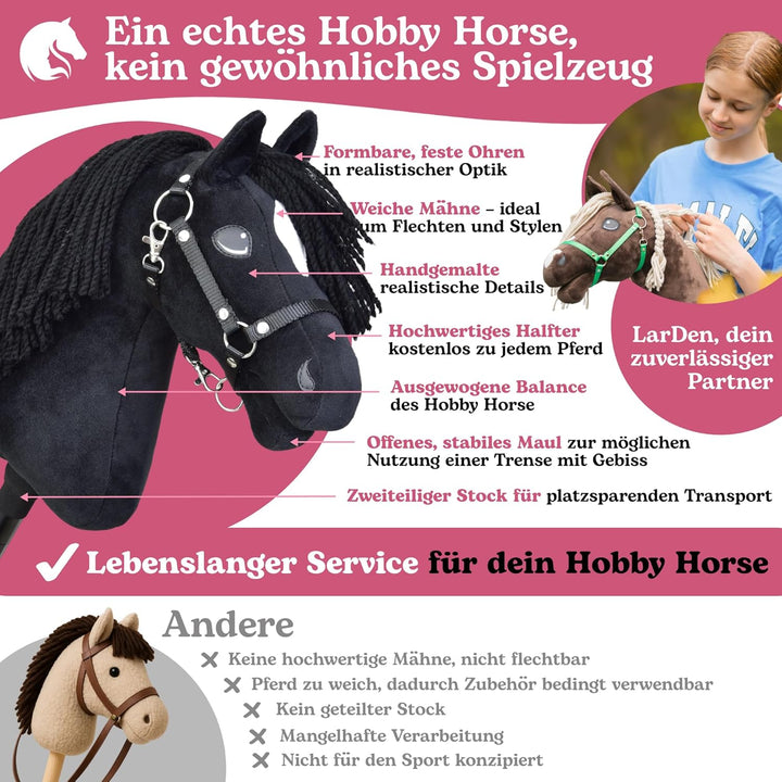 LarDen Hobby Horse - Schwarz Steckenpferd Cloony mit Halfter M, HANDGEFERTIGTES Stockpferd Für Klein