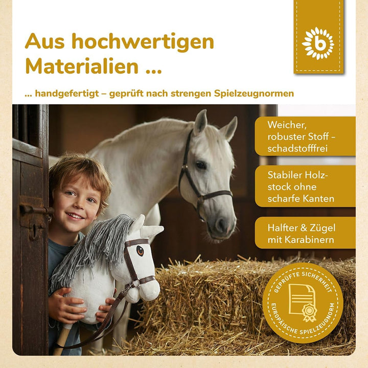 Bieco Hobby Horse Steckenpferd Schimmel - Grösse S, mit Trense | Abnehmbarer Stock & Schweif, für Sp