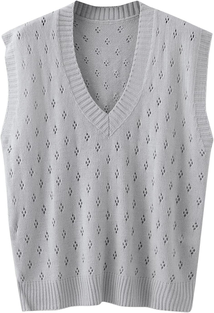 Ärmellose Strickweste für Damen, V-Ausschnitt, College-Pullover, Übergrösse Grau M, Grau M