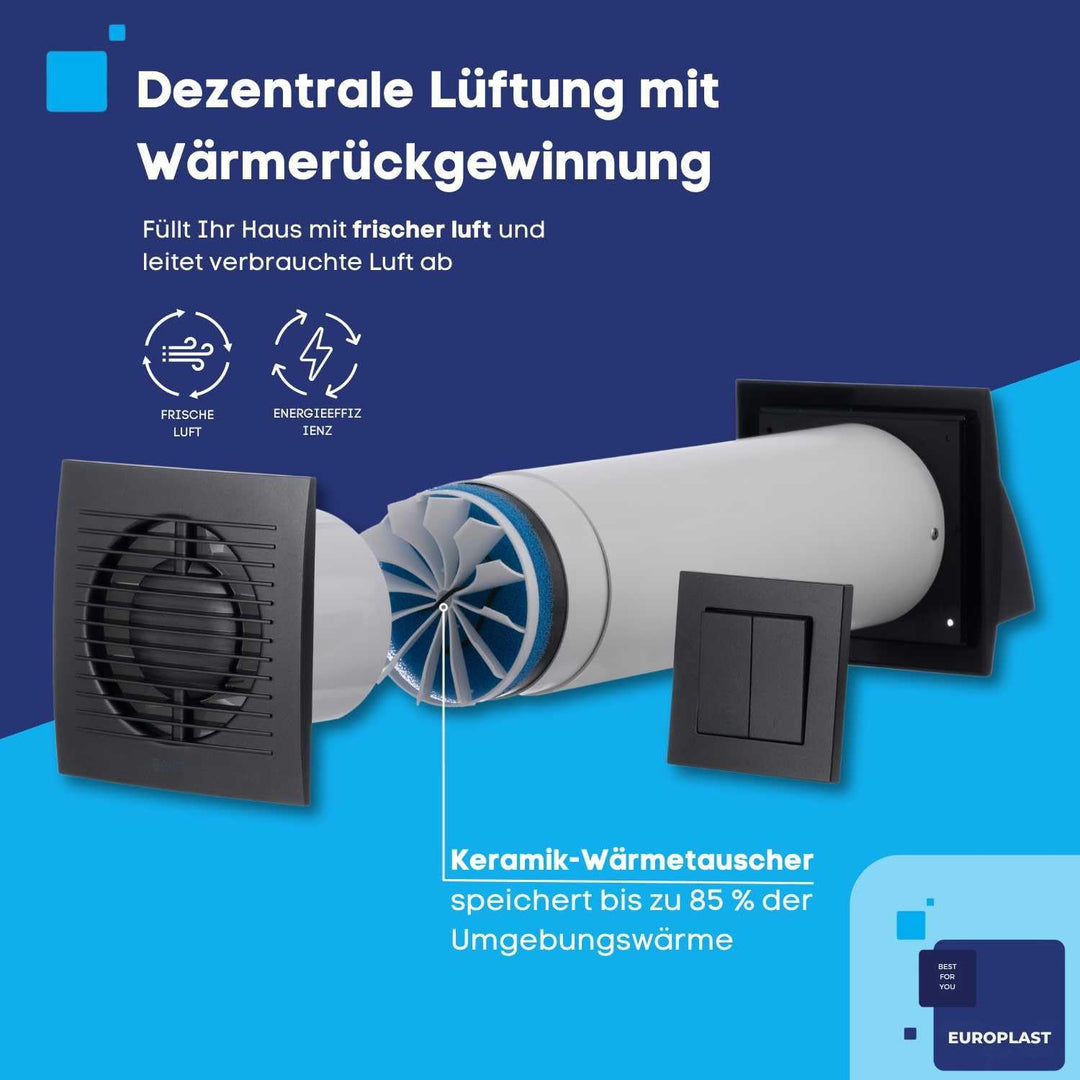 EUROPLAST 100mm Dezentrale Lüftung mit Wärmerückgewinnung mit Wandschalter - Anthracite Lüftungsanla