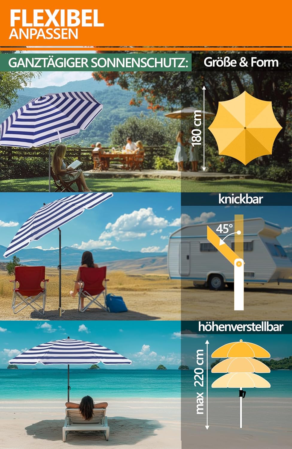 4smile Sonnenschirm Strand mit Rasendorn 3-IN-1 SET, Ø 180 cm, Blau-Weiss | Strandschirm windfest st