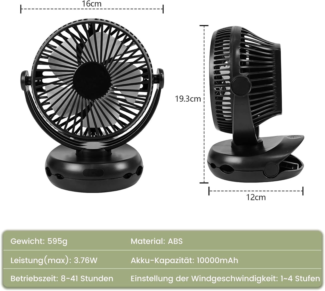 Mursche Tischventilator 10000mAh Akku Tisch Ventilator - Leise Clip Fan Kleiner USB Ventilator Tragb