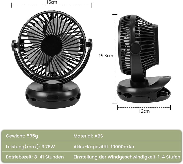 Mursche Tischventilator 10000mAh Akku Tisch Ventilator - Leise Clip Fan Kleiner USB Ventilator Tragb