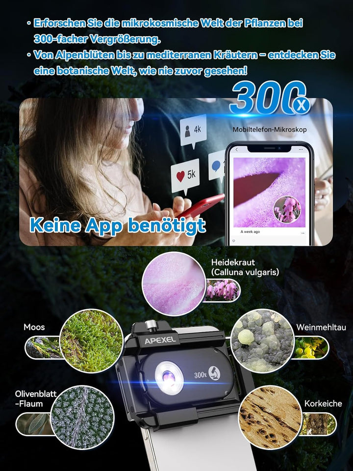 APEXEL 300X Smartphone Mikroskop - Professionelle Trichomanalyse & Mikrowelt Erkundung 300X Mikrosko