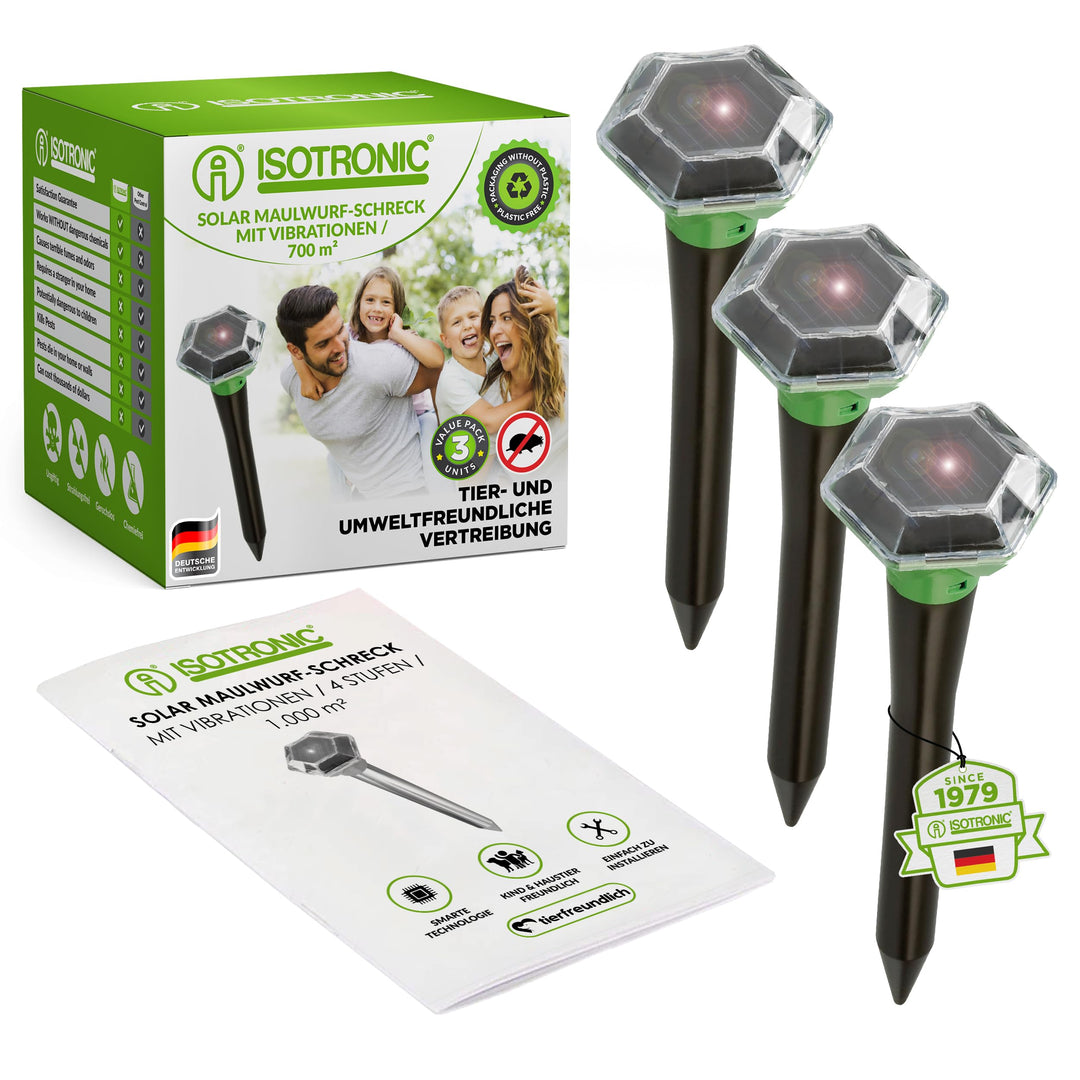 ISOTRONIC – 3er Set Solar Maulwurfvertreiber gegen Bodentiere wie Maulwürfe, Wühlmäuse, Ameisen &amp; Sc