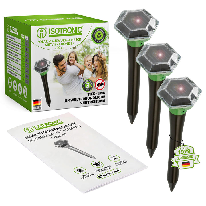 ISOTRONIC – 3er Set Solar Maulwurfvertreiber gegen Bodentiere wie Maulwürfe, Wühlmäuse, Ameisen &amp; Sc