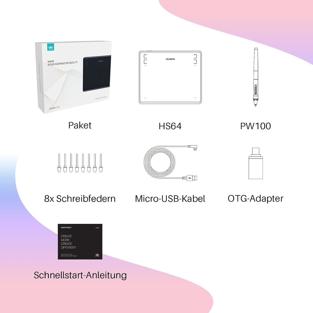HUION-Grafik-Zeichentablett HS64 8192 ist EIN druckfähiges, batteriefreies Stifttablett 6 &