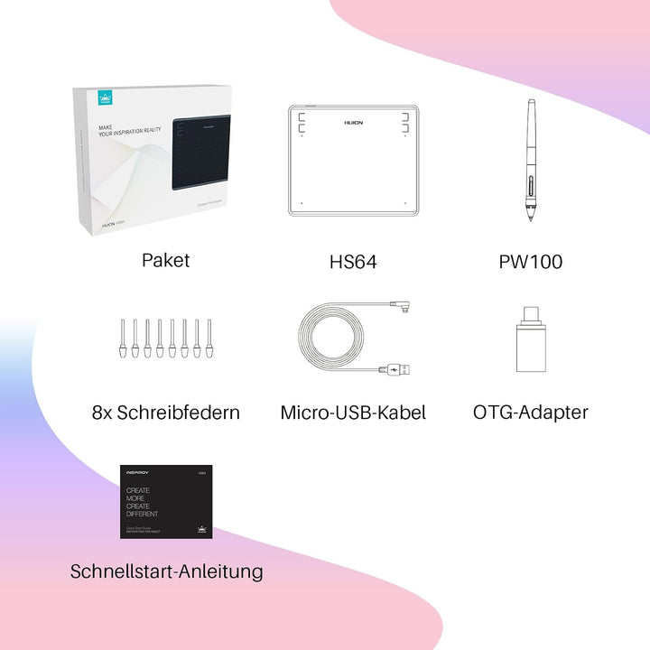 HUION-Grafik-Zeichentablett HS64 8192 ist EIN druckfähiges, batteriefreies Stifttablett 6 &