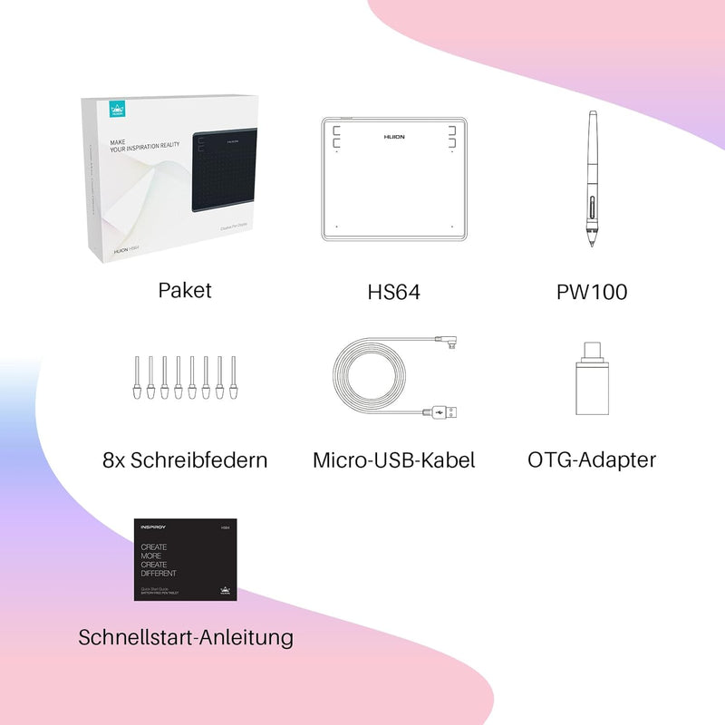 HUION-Grafik-Zeichentablett HS64 8192 ist EIN druckfähiges, batteriefreies Stifttablett 6 &