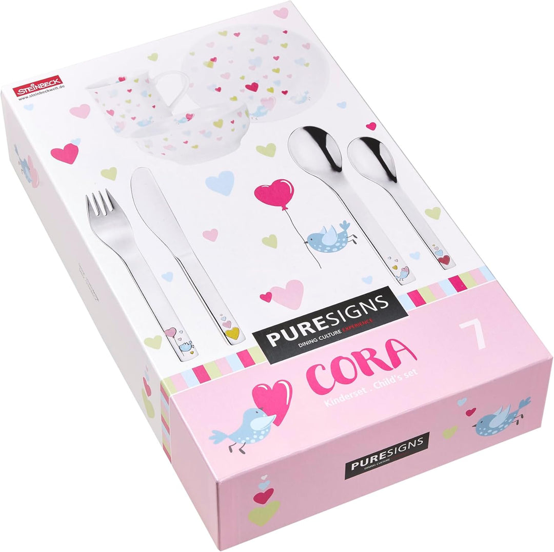 PURESIGNS Kinderset 7-teilig CORA Porzellan & Edelstahl 18/10 – Geschirr + Besteck, BPA-frei & spülm