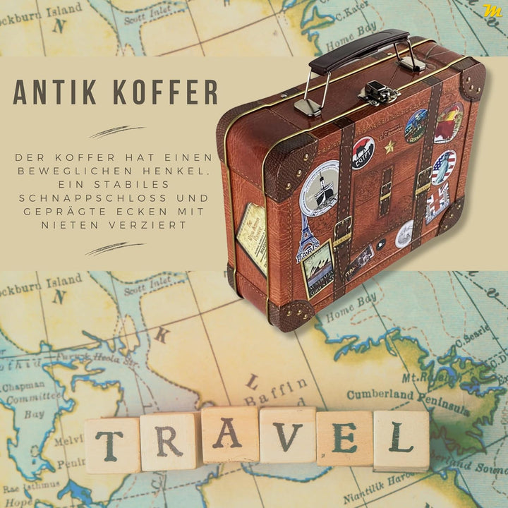 Antik Koffer - Keksdose mit beweglichem Griff, stabilem Schnappschloss und bunten Stickern - lebensm